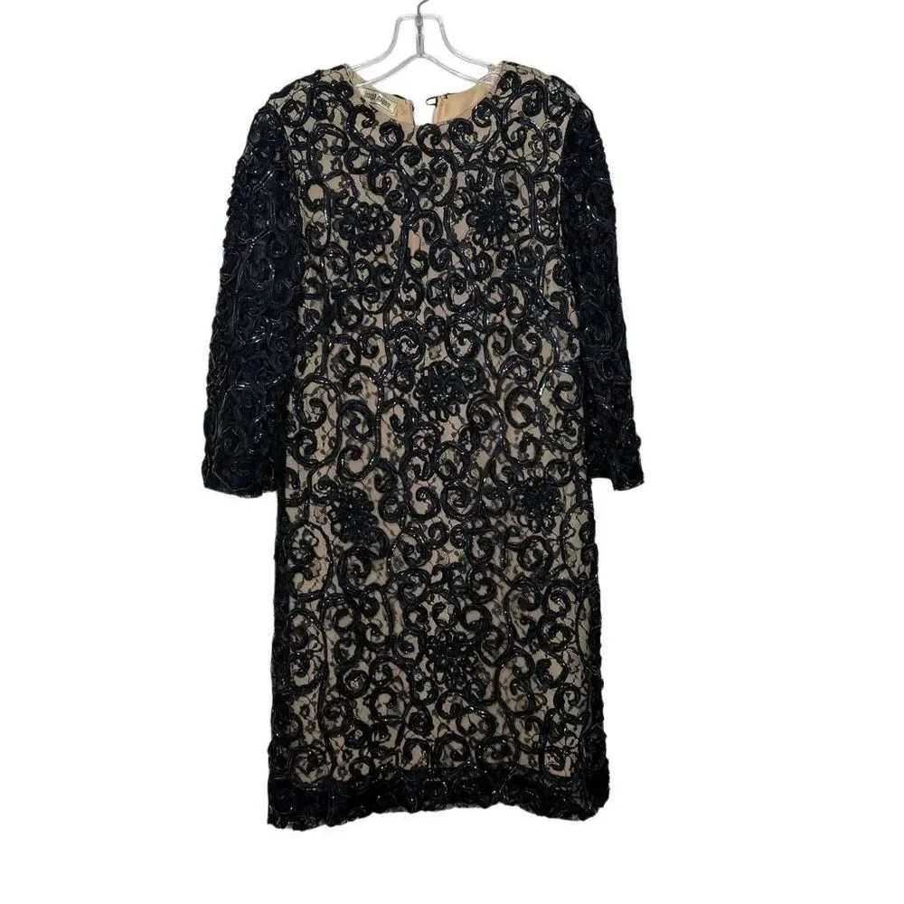 Vintage Joseph Magnin Black Tan 3/4 Sleeve Shift Mini Dress Size 9-10 Lace 60s